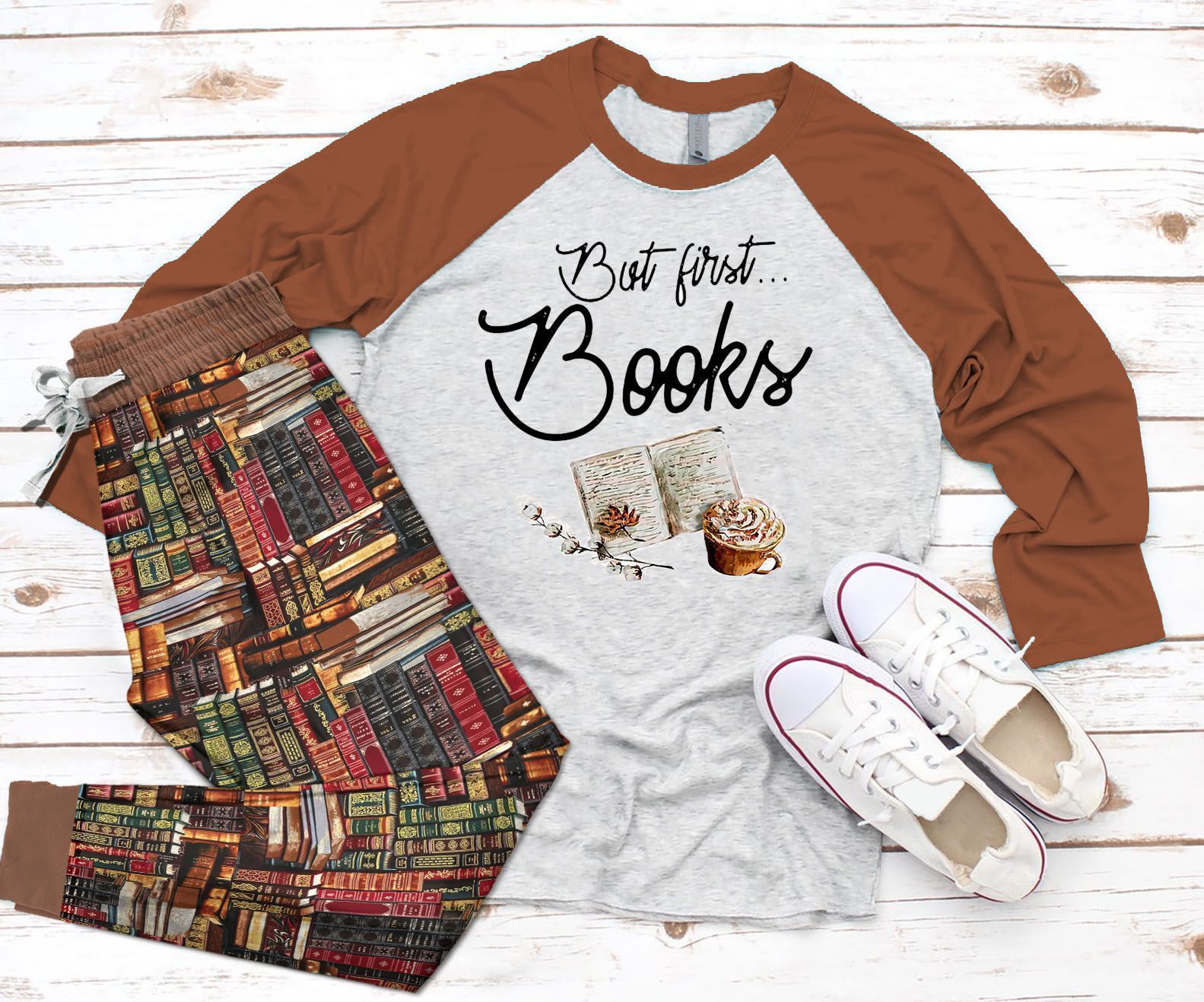 Reading Raglan But First Books Pajama Set | Pajamas | Cotton Sleepwear ...