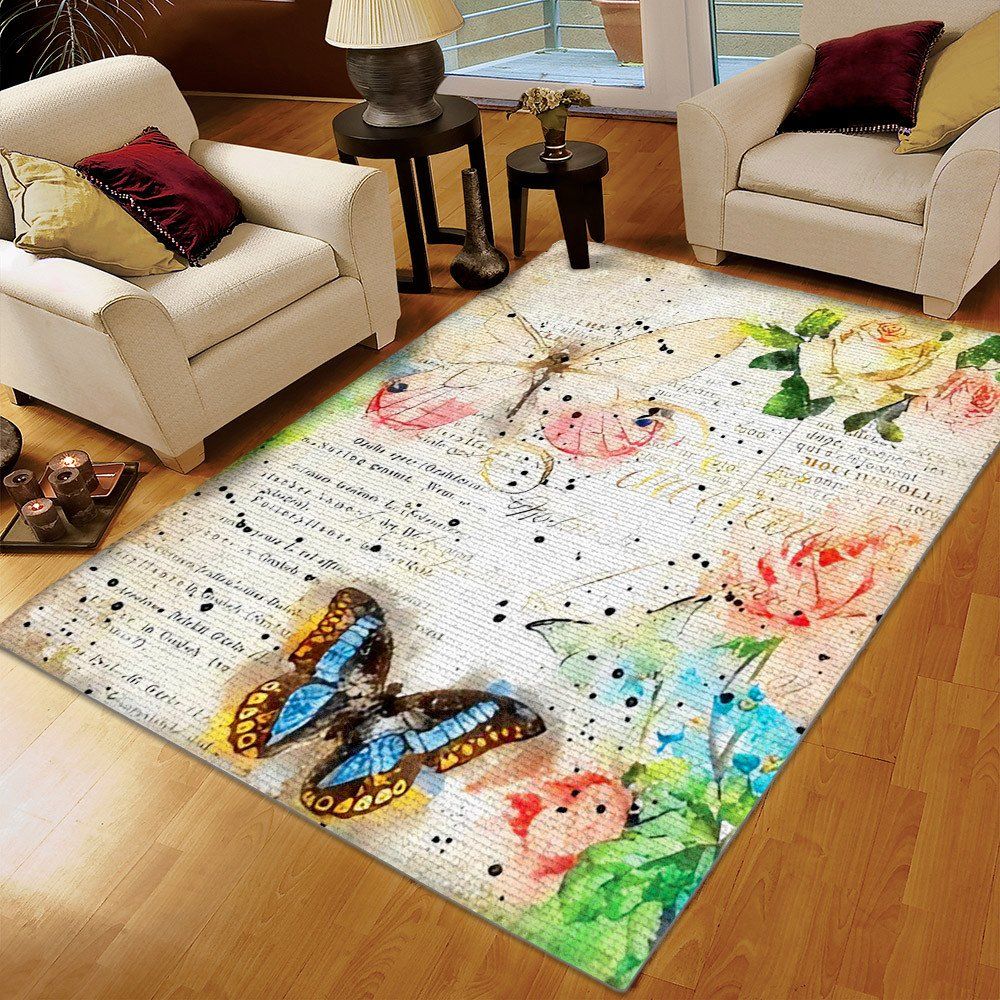 Flower Girl Area Rug, Blue Butterflies Rug, Butterflies Printing Floor ...